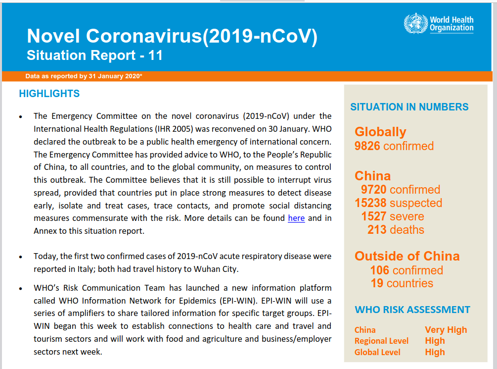 The Emergency Committee on the novel coronavirus (2019-nCoV) under the International Health Regulations (IHR 2005) was reconvened on 30 January. WHO declared the outbreak to be a public health emergency of international concern. The Emergency Committee has provided advice to WHO, to the People’s Republic of China, to all countries, and to the global community, on measures to control this outbreak. The Committee believes that it is still possible to interrupt virus spread, provided that countries put in place strong measures to detect disease early, isolate and treat cases, trace contacts, and promote social distancing measures commensurate with the risk. More details can be found here and in Annex to this situation report.